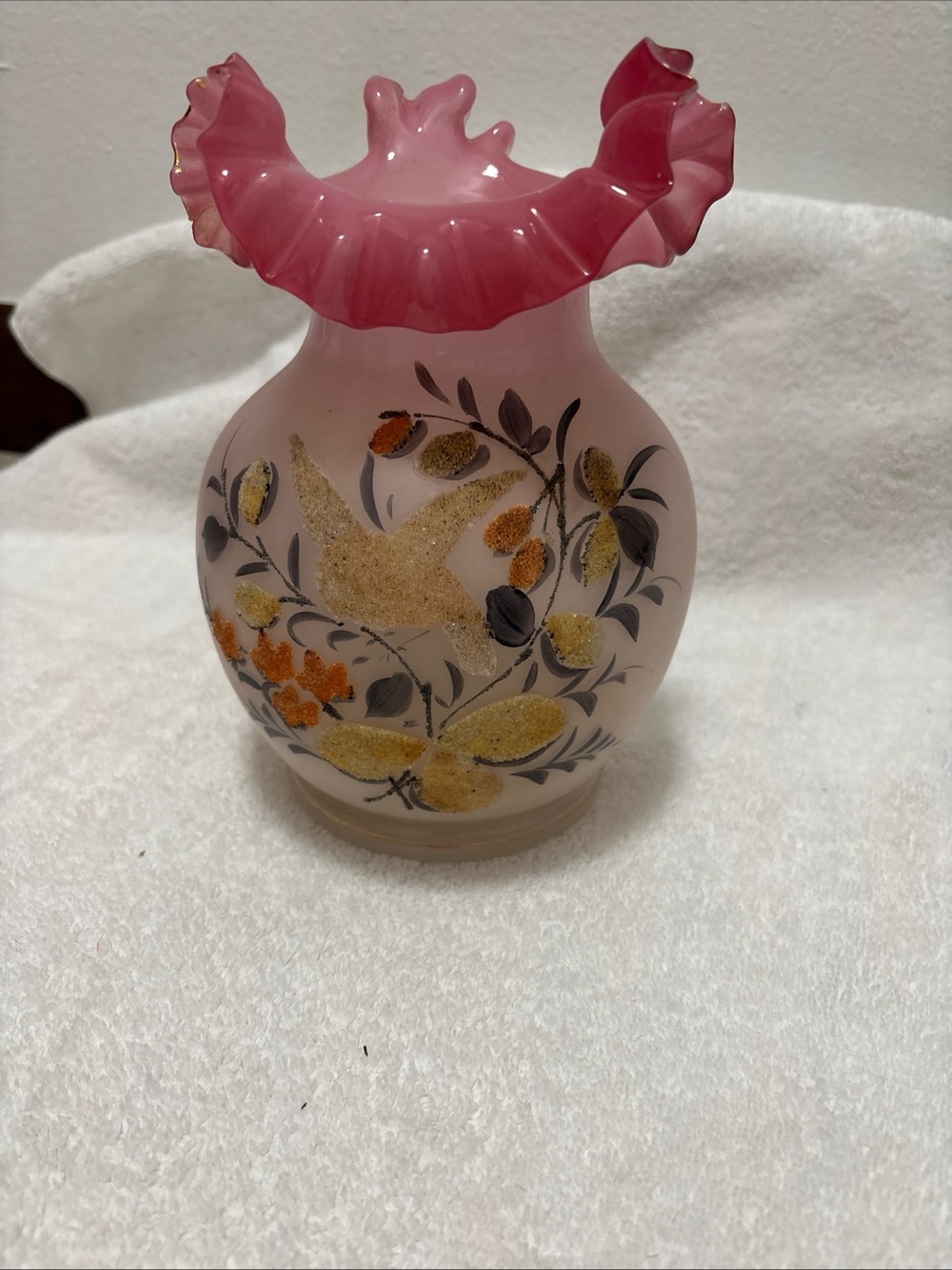 Pink Ruffled Glass Vase with Hand-Painted Floral and Bird Motif